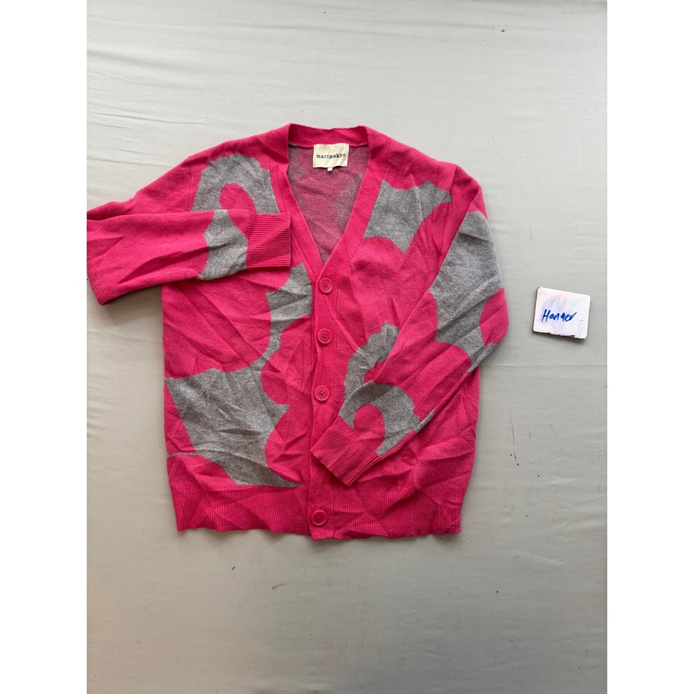 Marimekko Unikko Poppy Floral Cardigan Sweater Pink Grey V-Neck XS